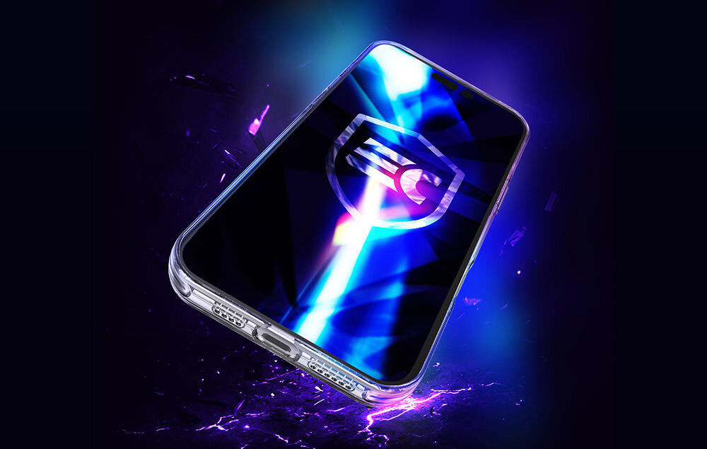 Etui 3MK EverClear MagCase do Apple iPhone 17 Przezroczysty prezentacja telefonu z założonym etui na ciemnym tle z poświatą światła spełnia rygorystyczne normy Military Grade wytrzymałość 100% poliwęglan ceniony w przemyśle lotniczym i motoryzacyjnym odporność na pęknięcia deformacje twardość