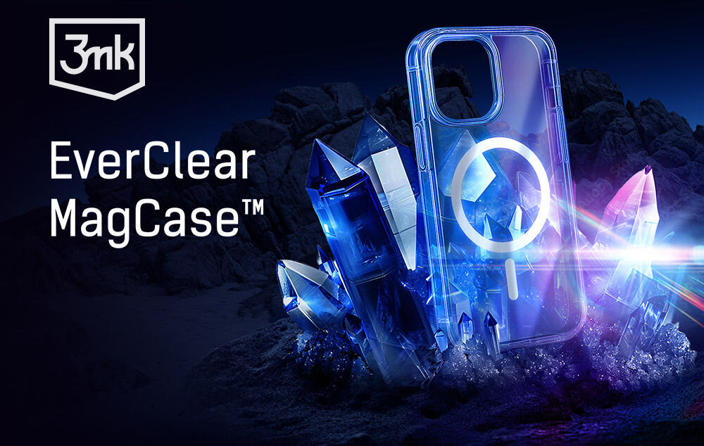 Etui 3MK EverClear MagCase do Apple iPhone 17 Przezroczysty prezentacja etui na ciemnym tle z poświatą światła za nim kryształy napis z marką i nazwą etui przemyślane detale estetyczne wykończenie odporność na zarysowania