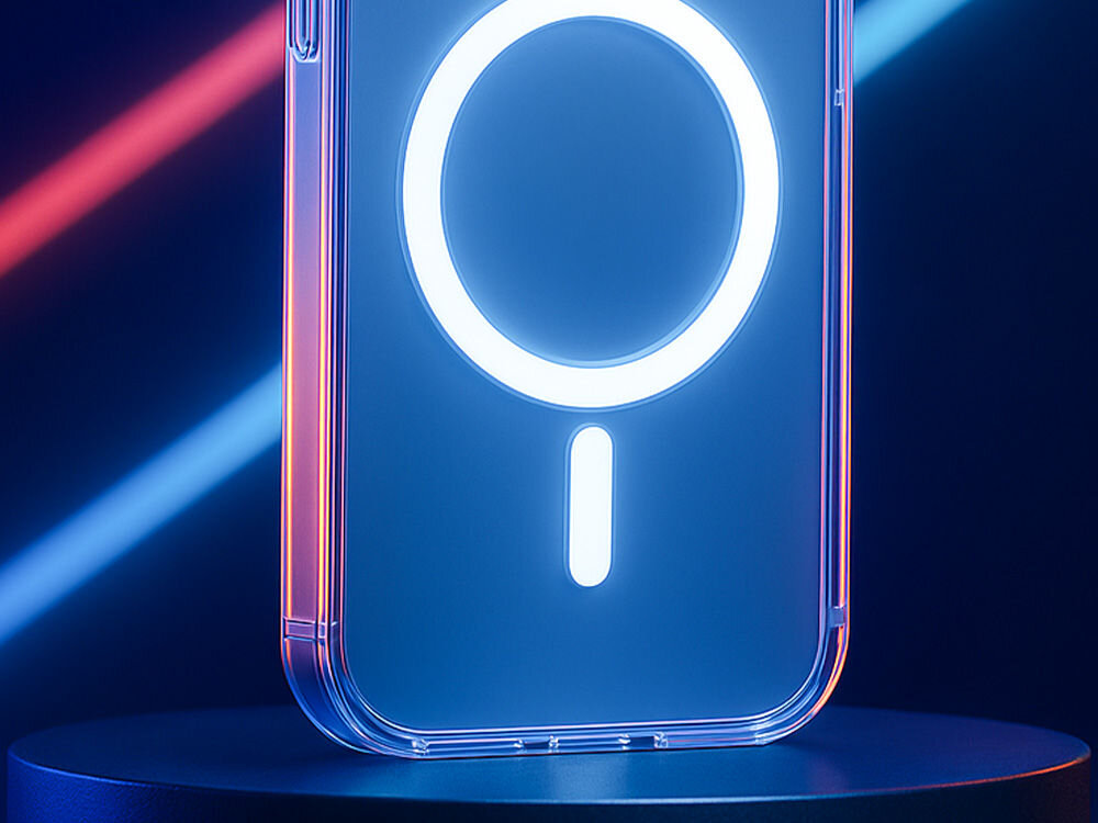 Etui 3MK Armor MagCase do Apple iPhone 17 Pro Przezroczysty zbliżenie na dolną część etui włożony telefon etui stojące na podeście ciemne tło z poświatami światła wzmocnione narożniki amortyzacja energii zapobieganie wygięciu ramki telefonu Military Grade Logistic Transit Drop Test
