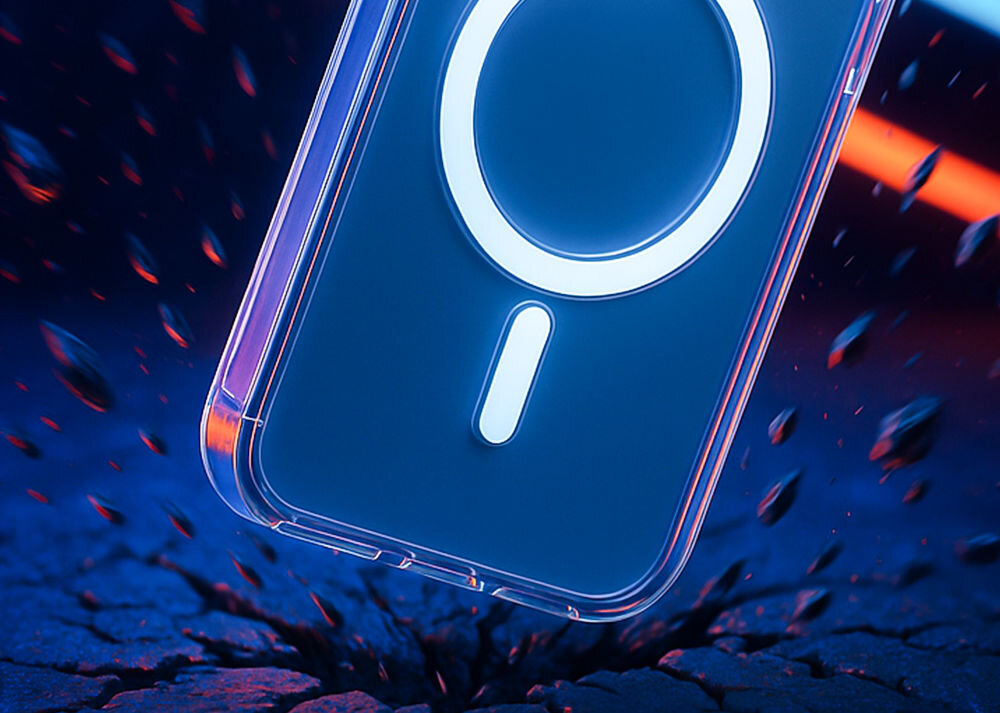 Etui 3MK Armor MagSafe do Apple iPhone 17 Przezroczysty zbliżenie na MagSafe w etui telefon uderzający o ciemne twarde podłoże