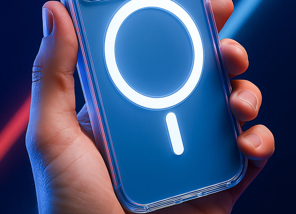 Etui 3MK Armor MagSafe do Apple iPhone 17 Przezroczysty telefon z etui trzymany w dłoni zbliżenie na MagSafe pancerne etui ochrona funkcjonalność połączenie z akcesoriami magnetycznymi bezpieczeństwo komfort