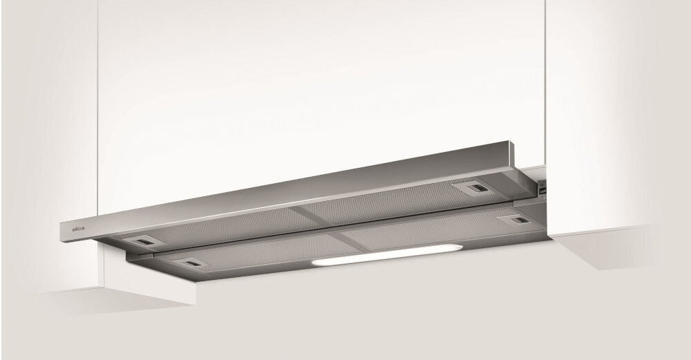 OKAP ELICA ELITE 35 GRIX A 90 wizualizacja okap teleskopowy wysunięty srebrny w szafce pasek LED światło przyciski filtry widok z boku od dołu