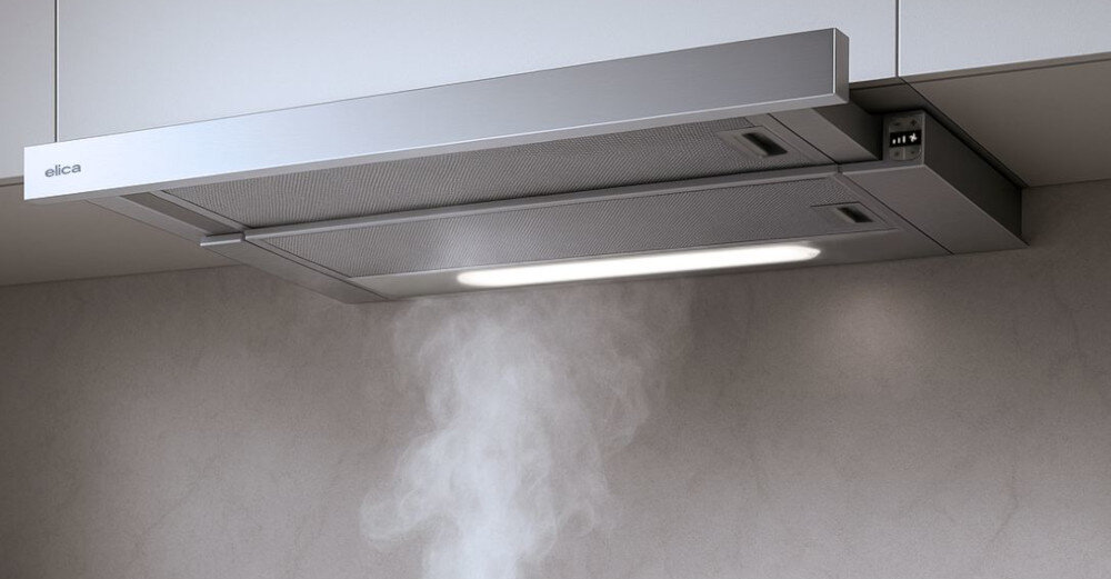 OKAP ELICA ELITE 35 GRIX A 90 wizualizacja wysunięty opary pochłanianie para światło wysoka moc funkcjonalność wydajność 535 m3 h tryb turbo 640 m3 h usuwanie oparów tłuszcz zapachy świeże powietrze komfort gotowania