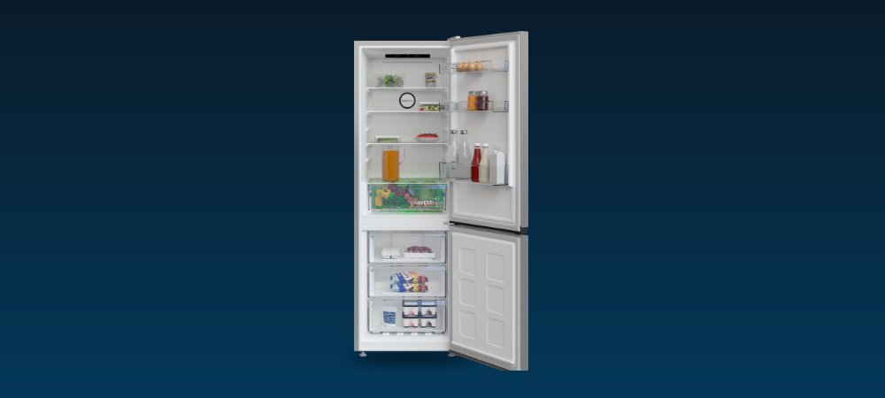 LODÓWKA BEKO B5RCNA345HXB2 niebieskie tło lodówka front otwarta wnętrze szuflady półki produkty Elektroniczny wyświetlacz sterowanie testy wytrzymałości otwieranie zamykanie Minimalistyczny design