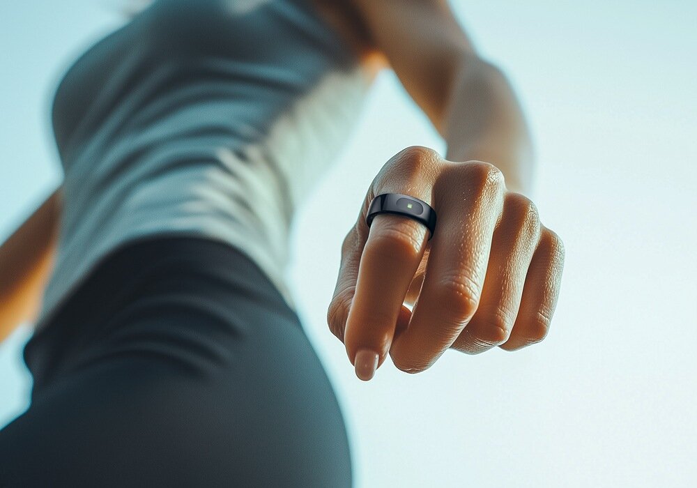 Smartring FOREVER Astral SR-100 na palcu kobiety trening dane spacer pomiary aktywność kroki, spalone kalorie, dystans