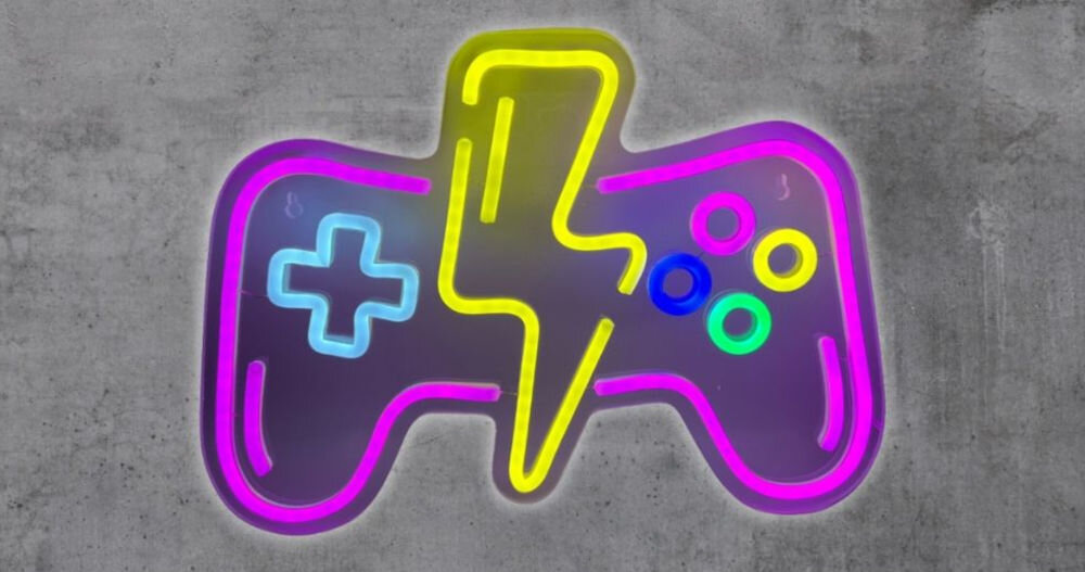 Neon LED BELINE Light Gamepad prezentacja na szarej ścianie ozdoba ścienna dla gracza kolorowy pad do pokoju gamingowego