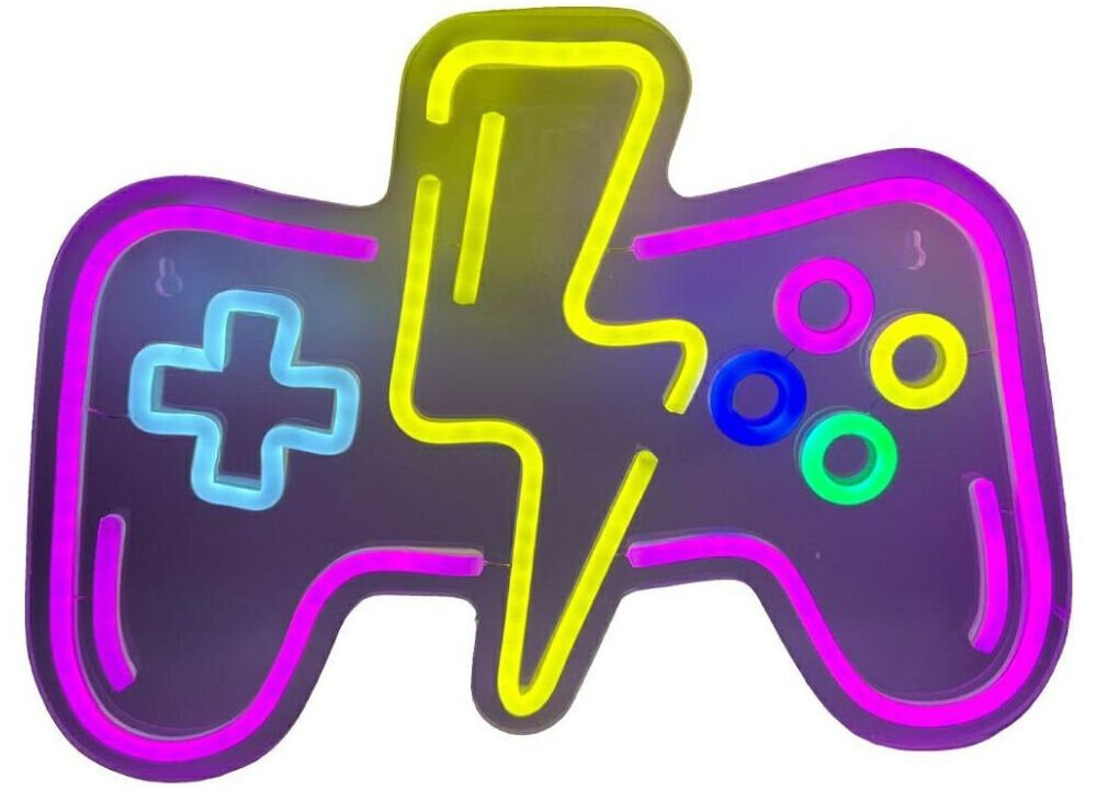 Neon LED BELINE Light Gamepad z błyskawicą prezentacja na białym tle ozdoba ścienna dla graczy pokój gamingowy podświetlenie USB-A 5V napięcie 100-240 V wielokolorowe tworzywo AS PVC wymiary dynamika bezpieczeństwo