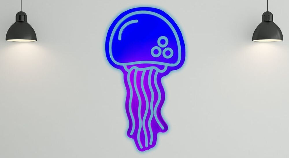 Neon LED BELINE Light Meduza prezentacja na jasnej ścianie wiszące lampy obok dekoracja ścienna 43x22.5 cm zasilanie USB