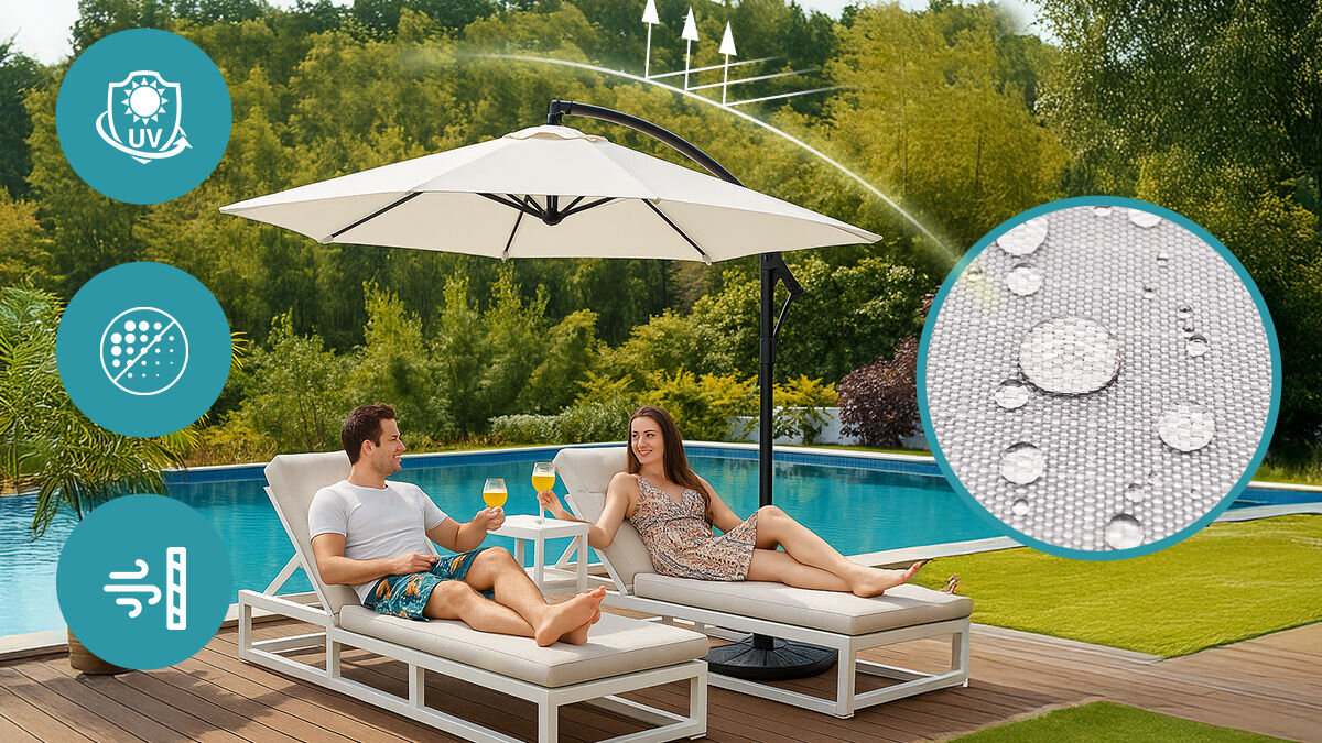 Parasol ogrodowy BLACK FOREST L-0713 Beżowy, cień, słońce, schronienie, słońce, para na leżakach przy basenie chowa się pod parasolem