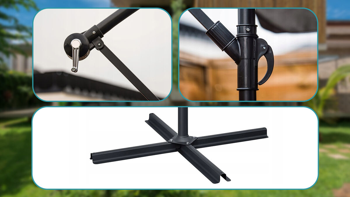 Parasol ogrodowy BLACK FOREST L-0713 Beżowy, stal, proszkowo, konstrukcja, korozja, 3 zdjęcia przedstawiające podstawę, uchwyt i zatrzask parasola