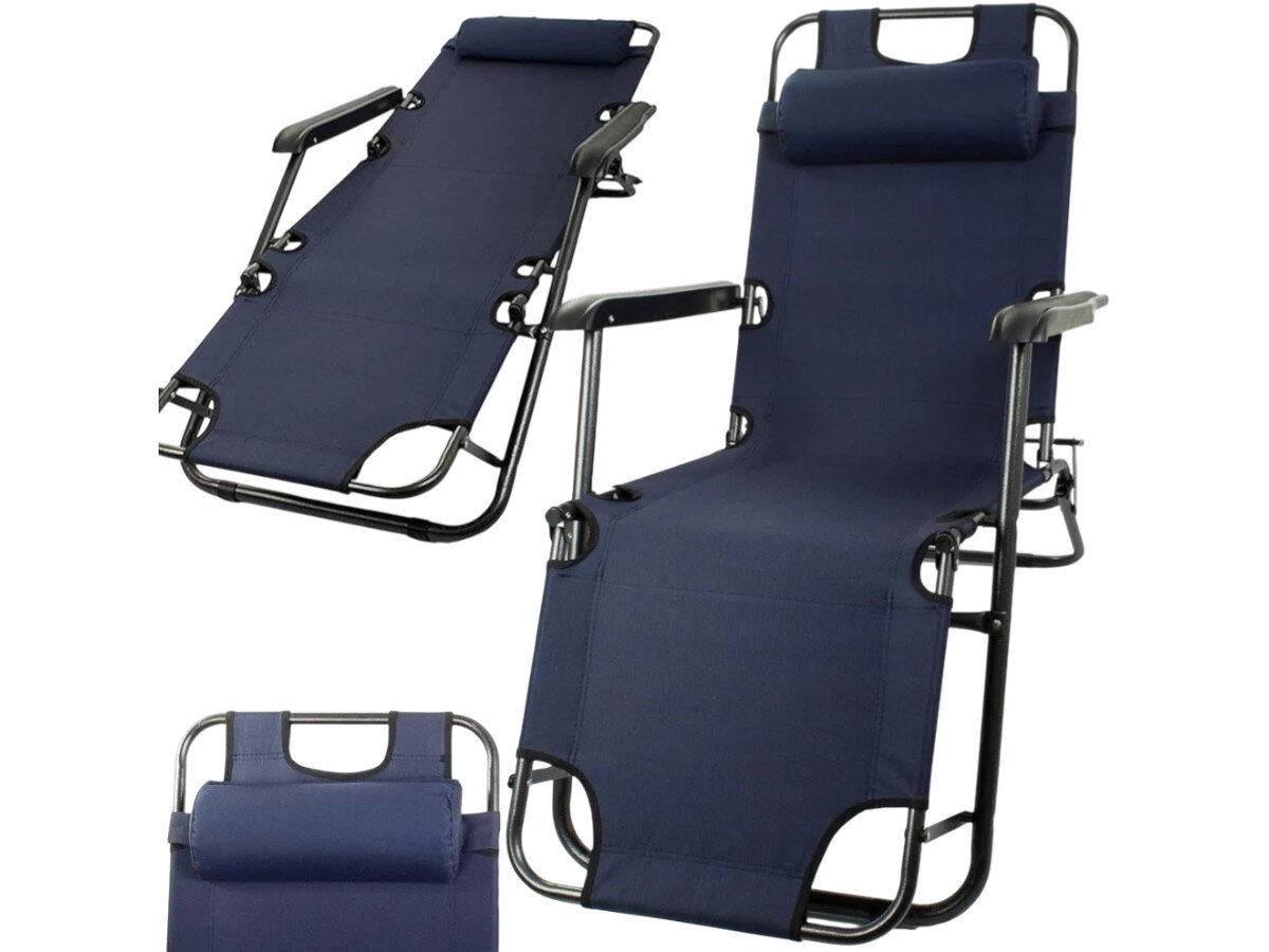 Leżak BLACK FOREST L-0279G Granatowy, stelaż, tkanina, wytrzymałość, granatowy, na białym tle leżak w 3 odsłonach, pion, poziom, zbliżenie na poduszkę