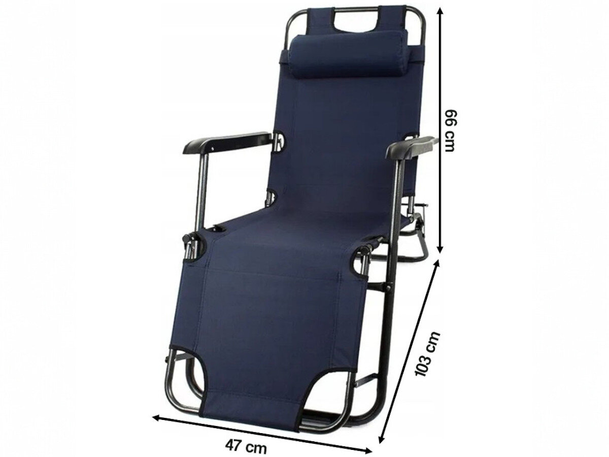 Leżak BLACK FOREST L-0279G Granatowy, zagłówek, składanie, blokada, balkon, na białym tle leżak z podaniem jego wymiarów