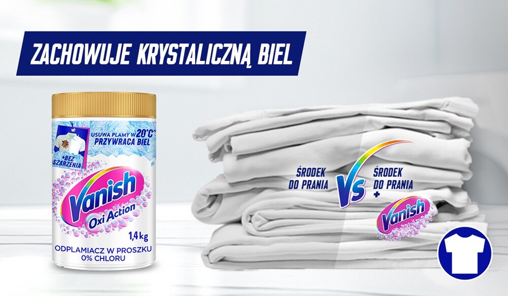 Odplamiacz do prania VANISH Oxi Action Biały 1.4 kg do uciążliwych plam, chroni białe tkaniny, skuteczny w niskich temperaturach