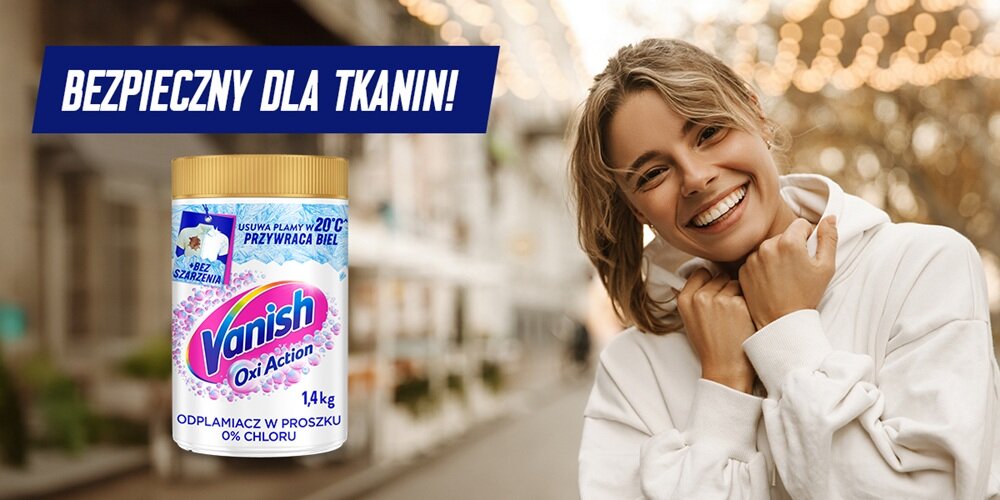 Odplamiacz do prania VANISH Oxi Action Biały 1.4 kg do białych ubrań, zaawansowana formuła, nieskazitelna biel