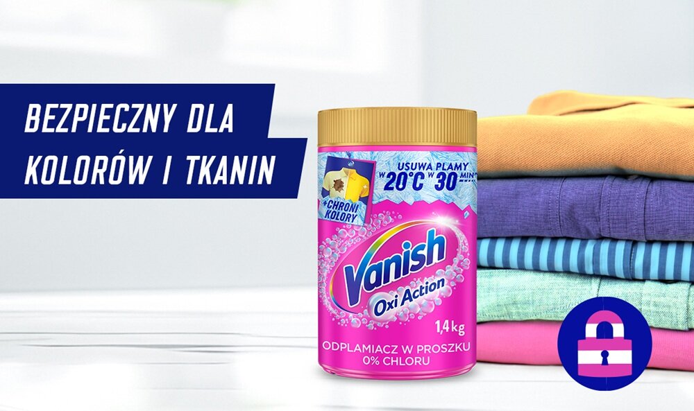 Odplamiacz do prania VANISH Oxi Action Różowy 1.4 kg działa w niskich temperaturach, ochrona koloru, zapobiega przebarwieniom