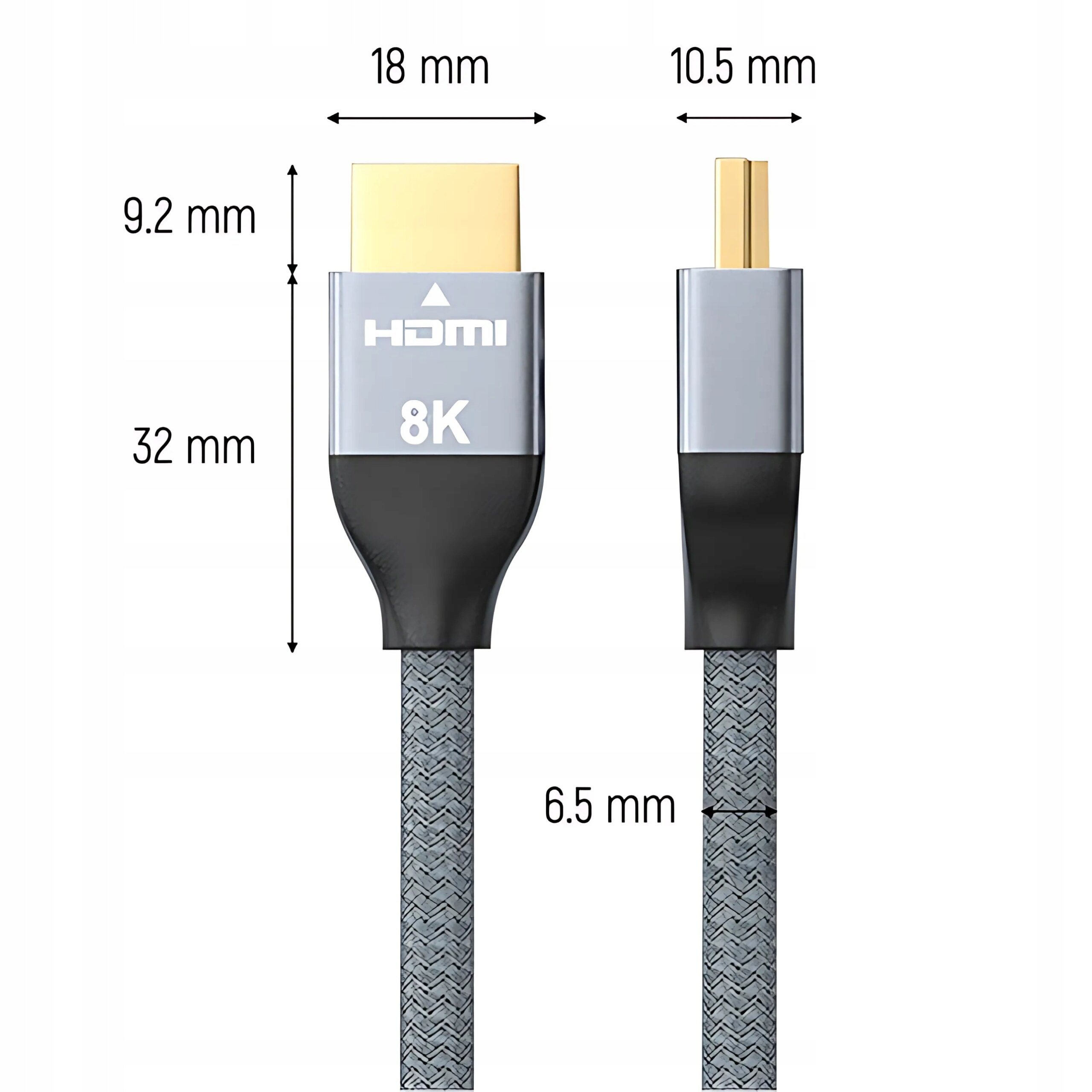 Obraz przedstawia dwa złącza kabla HDMI z oznaczeniami wymiarów: 18 mm, 10.5 mm, 9.2 mm, 32 mm i 6.5 mm. Na jednym złączu widoczny jest napis \'HDMI 8K\'.