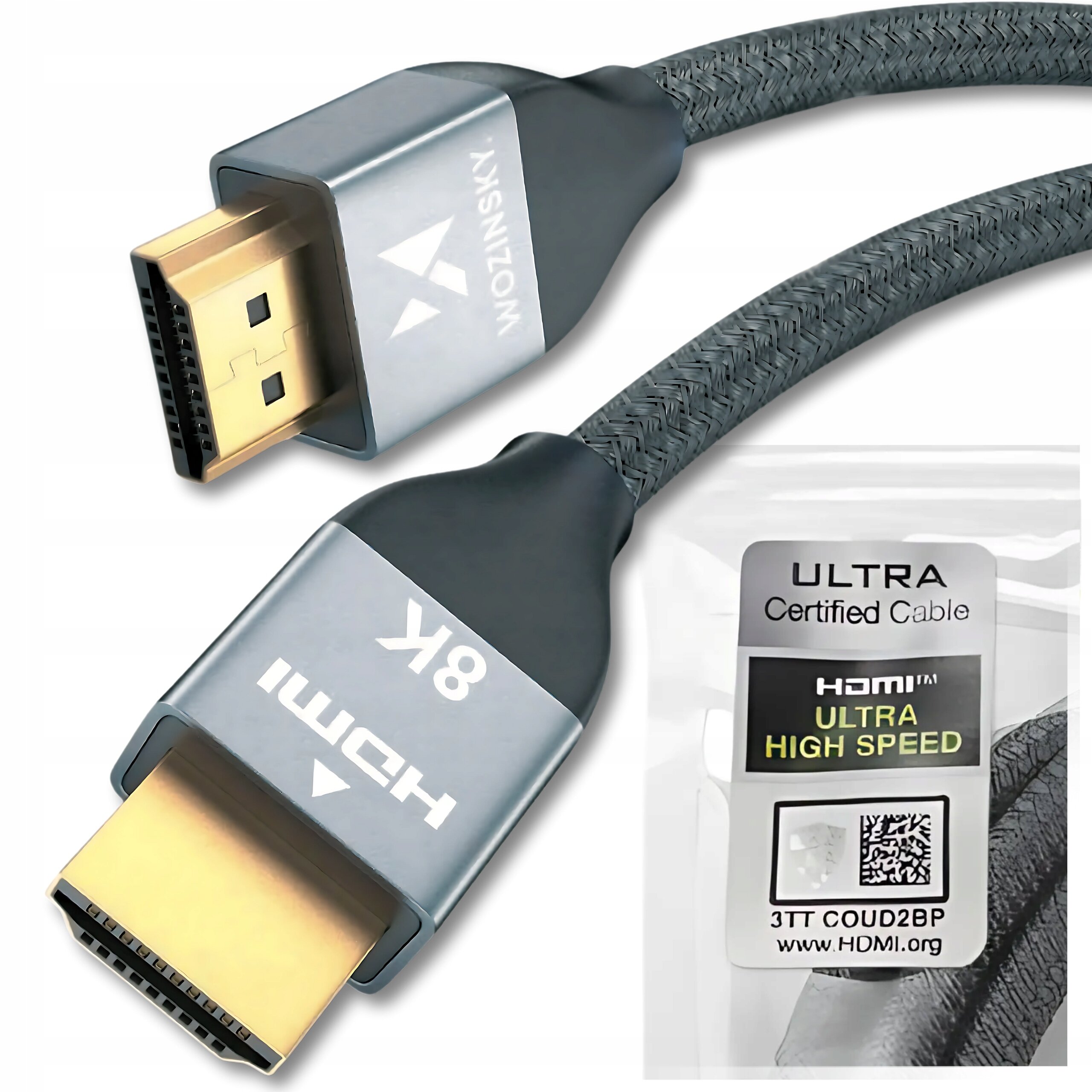 Na obrazie widoczny jest kabel HDMI z oznaczeniem 8K oraz logo \'WOZINSKY\'. Obok znajduje się etykieta z napisem \'ULTRA Certified Cable HDMI ULTRA HIGH SPEED\'.