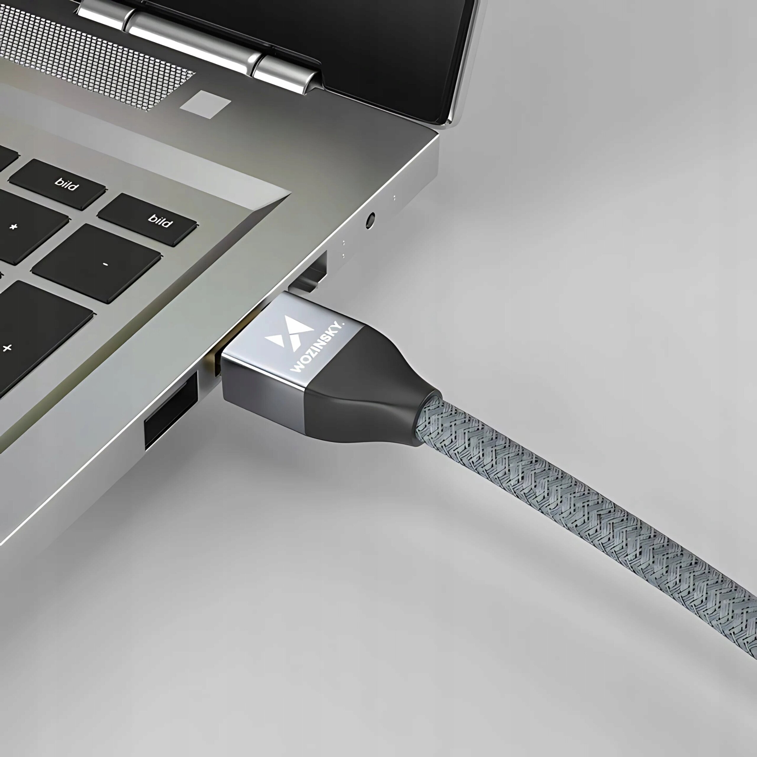 Na obrazie widoczny jest kabel HDMI podłączony do laptopa. Na wtyczce kabla znajduje się logo z napisem \'WOTENKY\'.