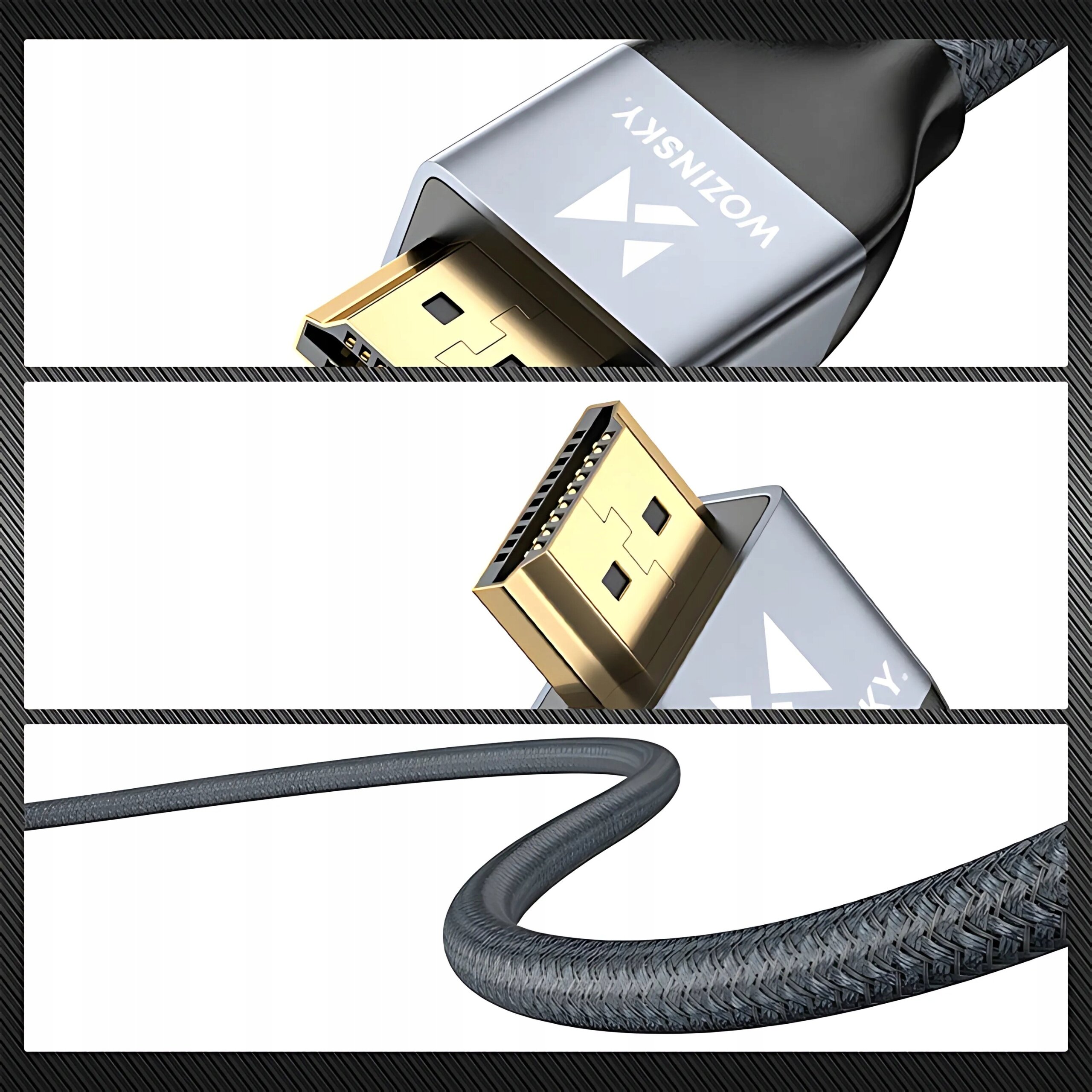 Obraz przedstawia zbliżenie na końcówkę kabla HDMI z metaliczną obudową i złotymi stykami, z widocznym napisem \'Wozinsky\'. Kabel ma plecioną osłonę w ciemnym kolorze.