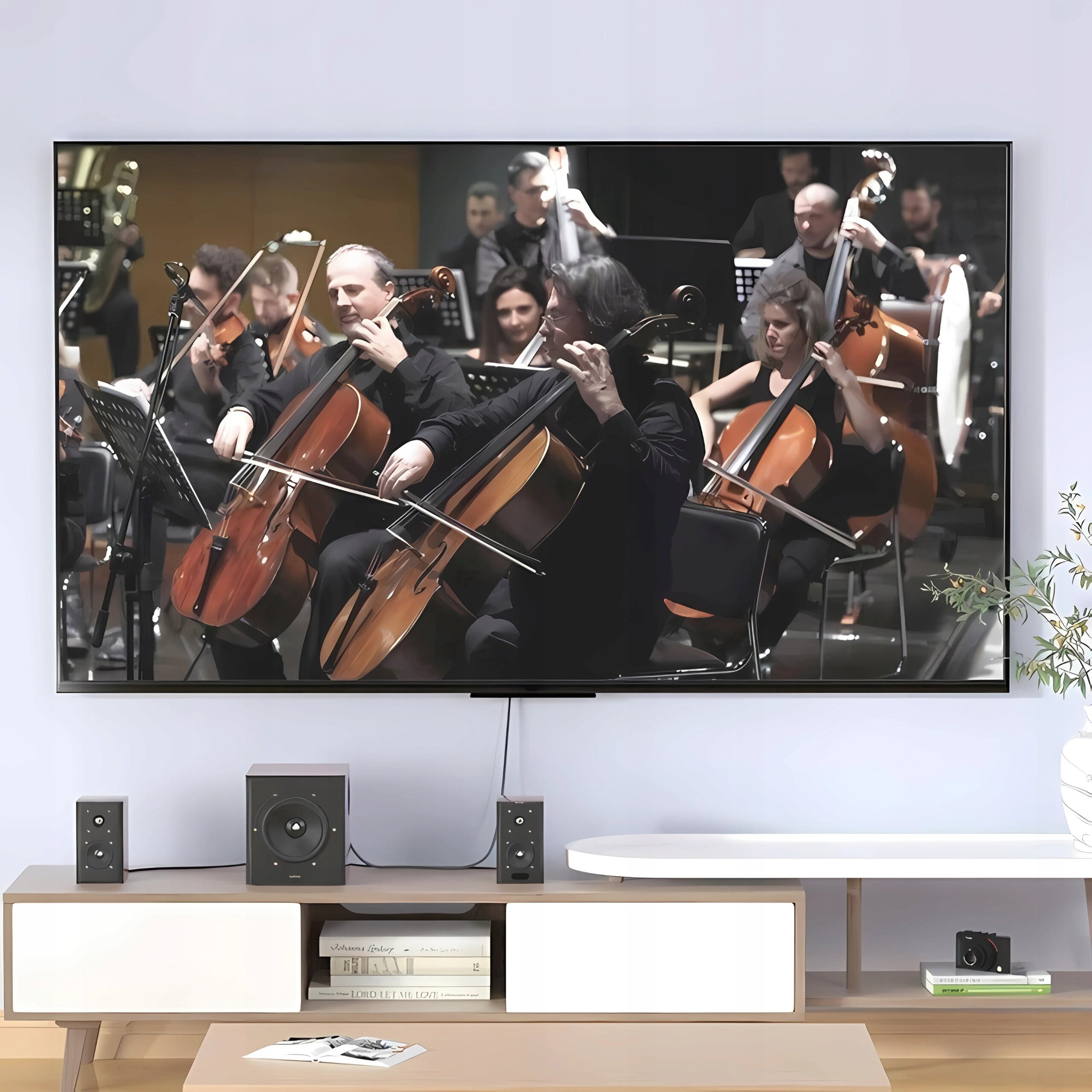 Na obrazie widać telewizor wyświetlający koncert orkiestry smyczkowej. Pod telewizorem znajduje się szafka z głośnikami i książkami.