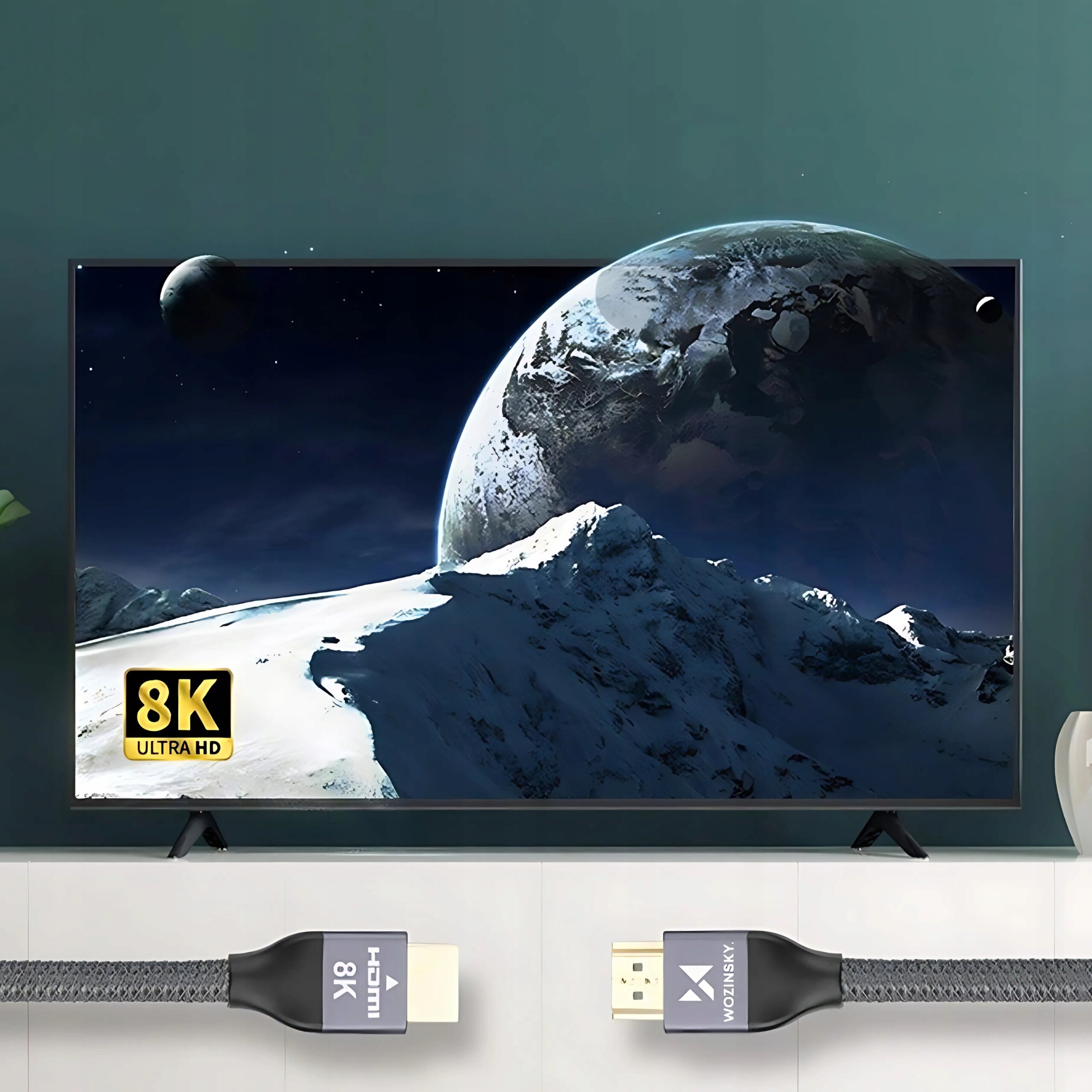 Na ekranie telewizora wyświetlany jest obraz kosmosu z planetą i górami, z oznaczeniem \'8K ULTRA HD\'. Poniżej widoczny jest kabel HDMI z napisem \'HDMI 8K\' oraz logo \'WOZINSKY\'.