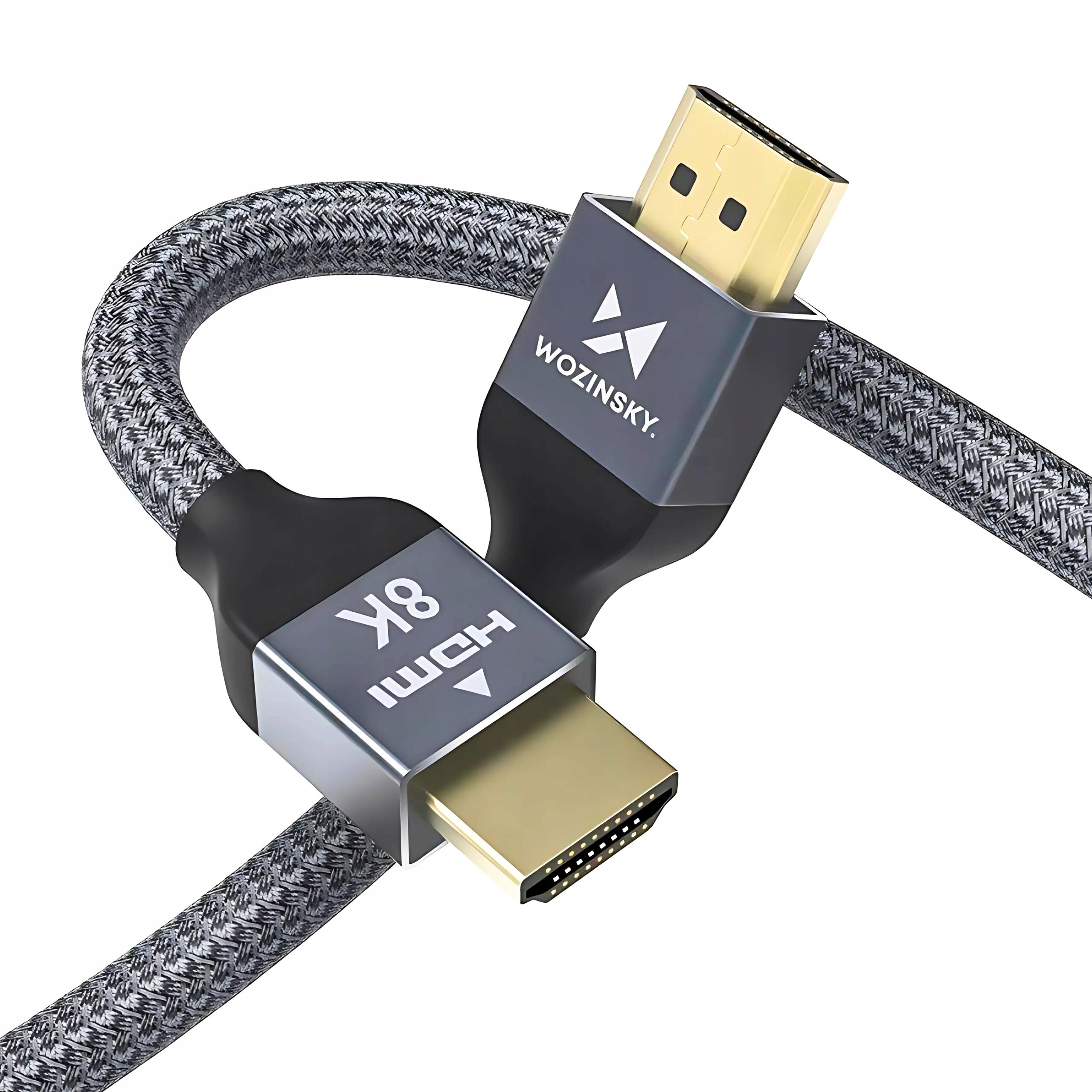 Kabel HDMI z oznaczeniem \'HDMI 8K\' i logo \'WOZINSKY\', posiada złote złącza i plecioną osłonę przewodu.