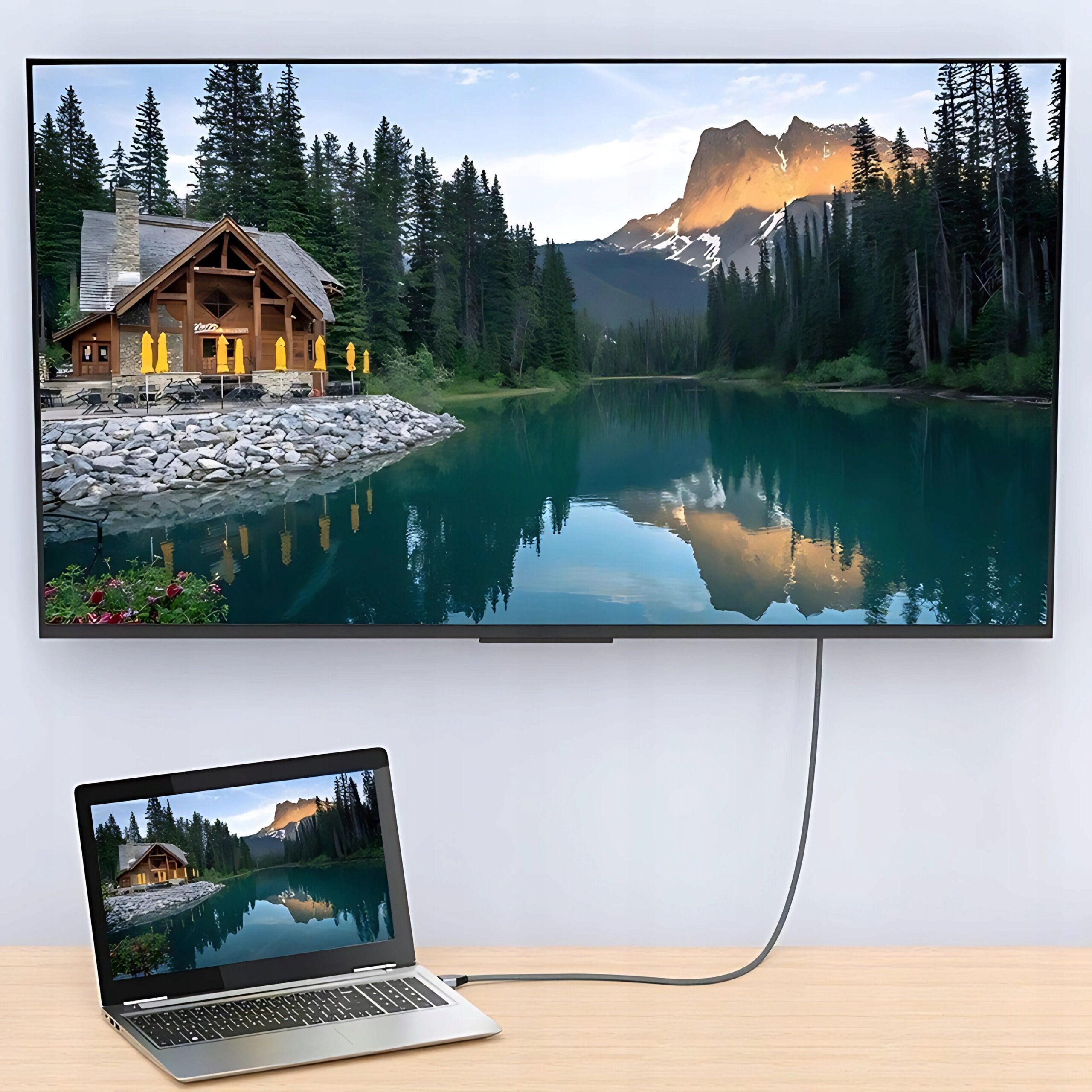 Obraz przedstawia telewizor wyświetlający krajobraz z jeziorem, lasem i górami, połączony kablem z laptopem na biurku, który pokazuje ten sam obraz. Kabel HDMI łączy oba urządzenia.