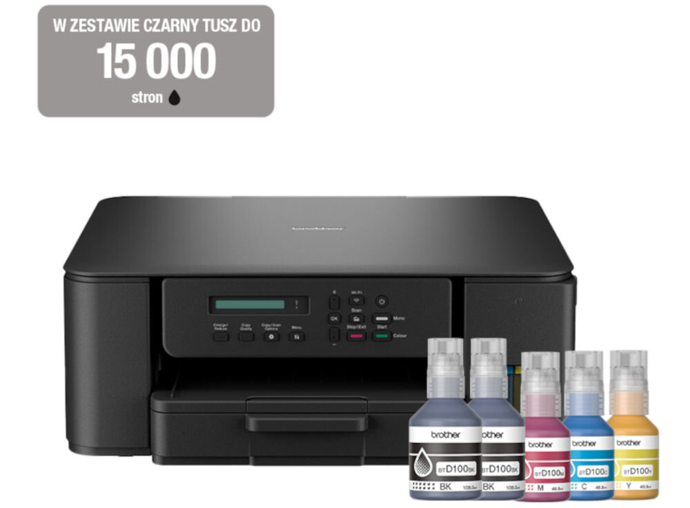 Urządzenie wielofunkcyjne BROTHER DCP-T530DW Druk w kolorze, Automatyczny druk dwustronny, Wi-Fi prezentacja urządzenia od przodu na białym tle z butelkami z atramentem napis w szarym prostokącie w zestawie czarny tusz do 15000 stron wydajność atramentu wydłużenie czasu pracy brak potrzeby martwienia się o częste przerwy