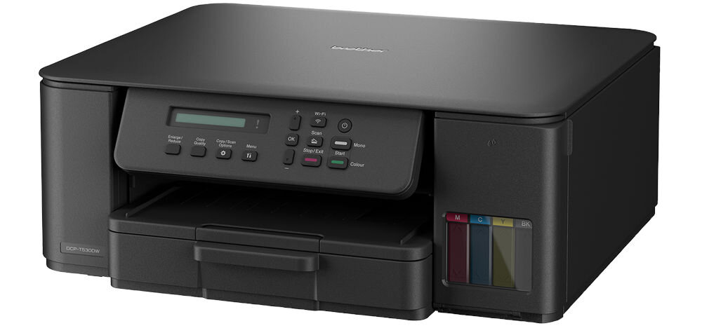Urządzenie wielofunkcyjne BROTHER DCP-T530DW Druk w kolorze, Automatyczny druk dwustronny, Wi-Fi prezentacja urządzenia na białym tle od przodu pod kątem Obsługa papieru od 64 do 300 g/m² w różnych zastosowaniach elastyczność