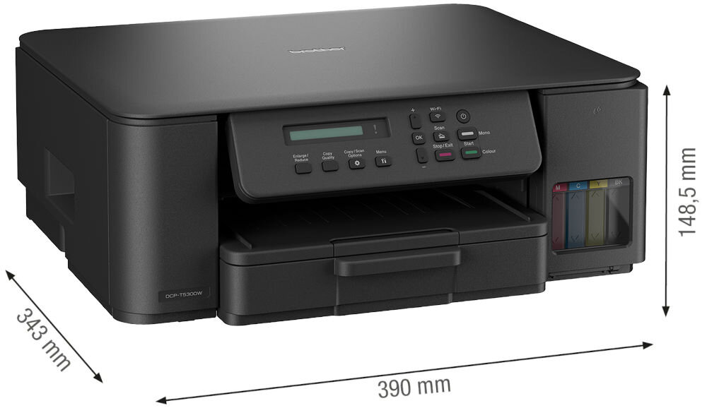 Urządzenie wielofunkcyjne BROTHER DCP-T530DW Druk w kolorze, Automatyczny druk dwustronny, Wi-Fi prezentacja urządzenia na białym tle pod kątem z wymiarami wymiary 390 x 343 x 149 mm swoboda organizacji