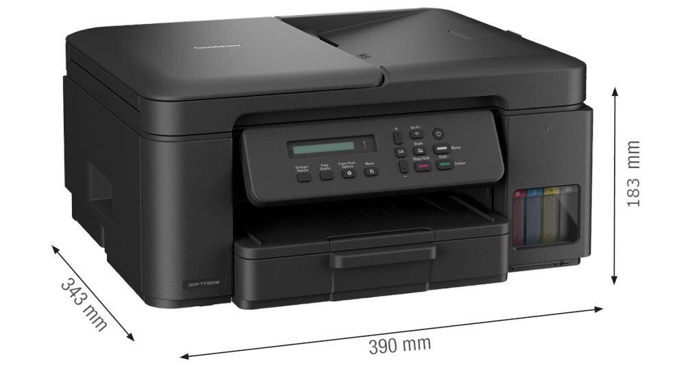 Urządzenie wielofunkcyjne BROTHER DCP-T730DW Druk w kolorze, Automatyczny druk dwustronny, Wi-Fi prezentacja urządzenia na białym tle pod kątem z wymiarami wymiary 390 x 343 x 183 mm swoboda organizacji