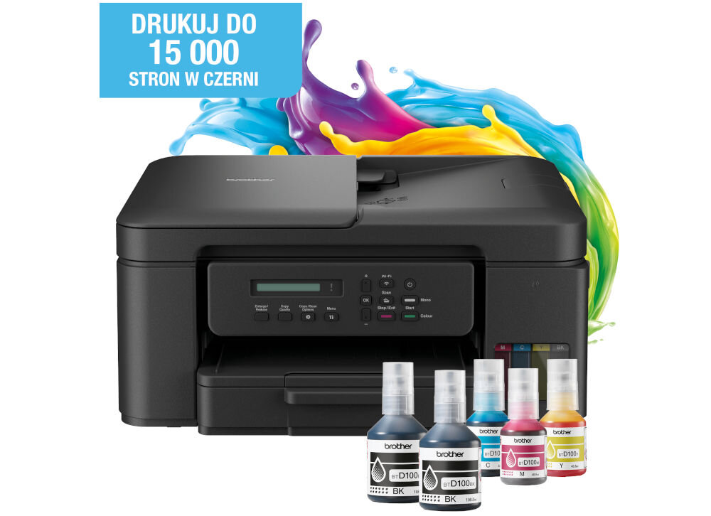 Urządzenie wielofunkcyjne BROTHER DCP-T730DW Druk w kolorze, Automatyczny druk dwustronny, Wi-Fi prezentacja urządzenia na białym tle z butelkami atramentu za urządzeniem imitacja wylanych atramentów napis drukuj do 15000 stron w czerni druk dwustronny duplex obniżenie kosztów redukcja zużycia papieru