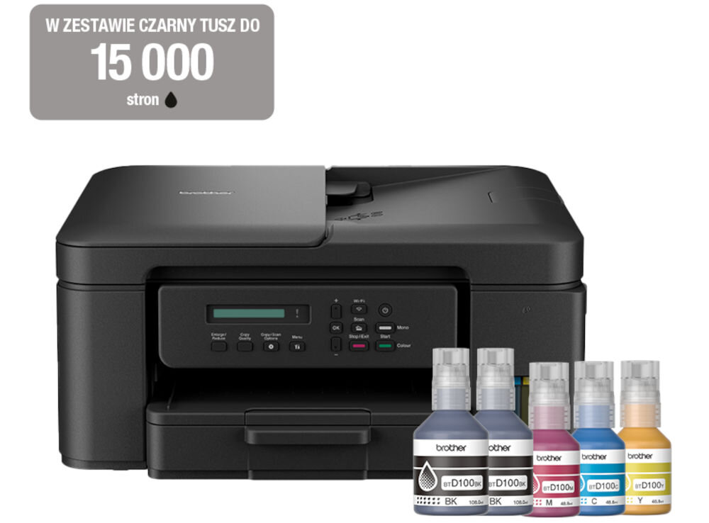 Urządzenie wielofunkcyjne BROTHER DCP-T730DW Druk w kolorze, Automatyczny druk dwustronny, Wi-Fi prezentacja urządzenia od przodu na białym tle z butelkami z atramentem napis w szarym prostokącie w zestawie czarny tusz do 15000 stron wydajność atramentu wydłużenie czasu pracy brak potrzeby martwienia się o częste przerwy