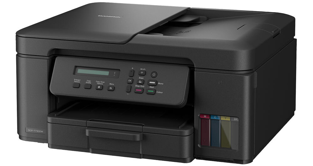 Urządzenie wielofunkcyjne BROTHER DCP-T730DW Druk w kolorze, Automatyczny druk dwustronny, Wi-Fi prezentacja urządzenia na białym tle od przodu pod kątem Obsługa papieru od 64 do 300 g/m² w różnych zastosowaniach elastyczność