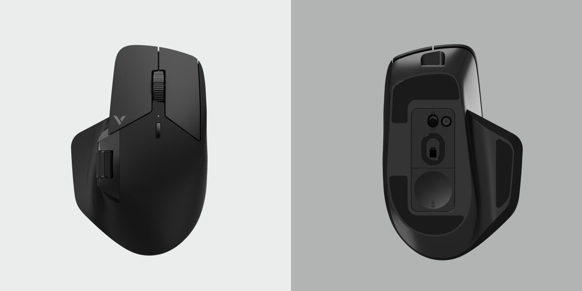 Mysz RAPOO Gaming VT0PRO Czarny Pełna kontrola ruchu - na szaym tle widok na mysz od dołu i od góry