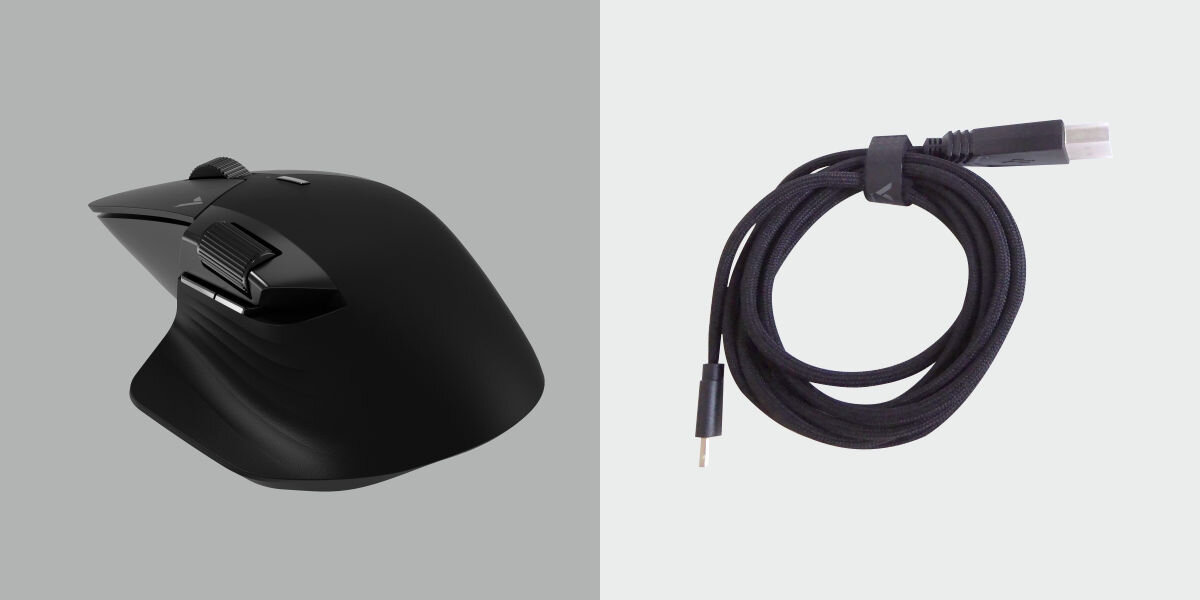 Mysz RAPOO Gaming VT0PRO Czarny Dwa tryby pracy - na szarym tle mysz bokiem i zwinięty kable usb