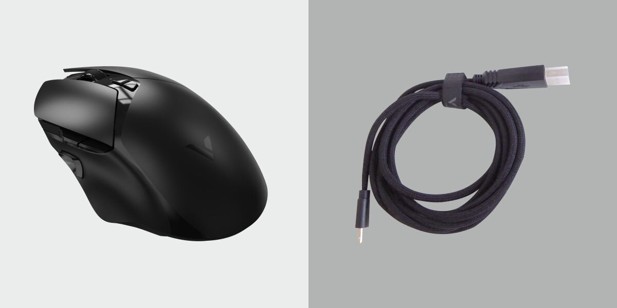 Mysz RAPOO Gaming V30PRO Czarny Swoboda wyboru połączenia - na szarym tle musz i zwinięty kabel USB