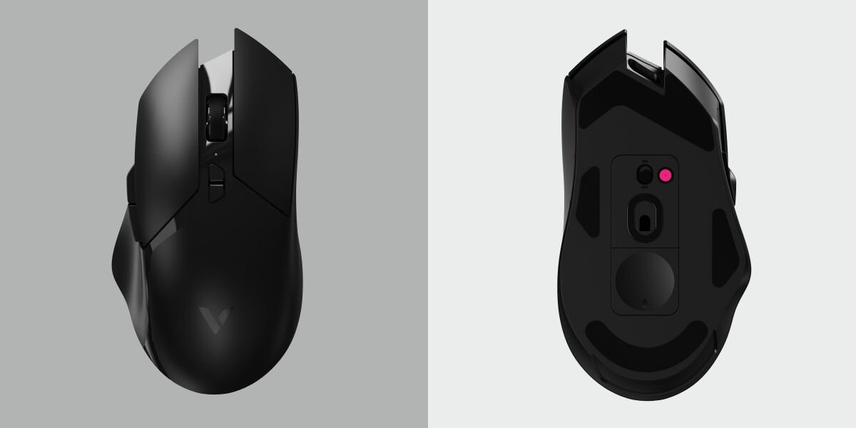 Mysz RAPOO Gaming V30PRO Czarny Czujnik o wyjątkowej dokładności - na szarym tle mysz z góry i z dołu