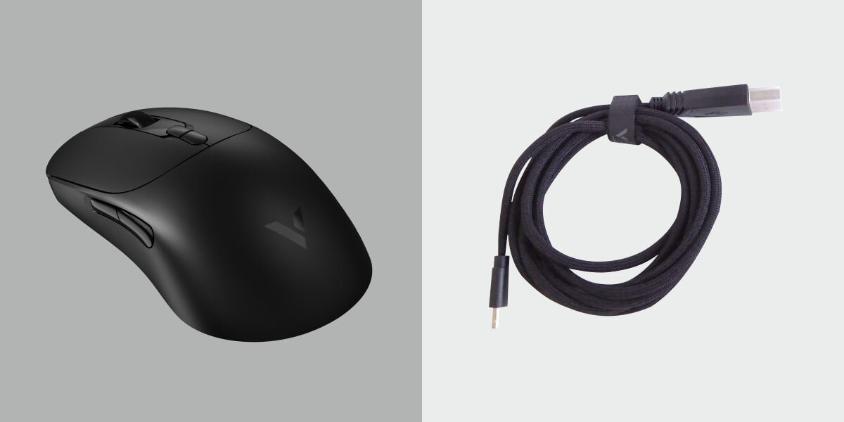 Mysz RAPOO Gaming V200PRO Czarny Dowolny sposób grania - na szarym tle mysz i zwiniety kabel usb-c