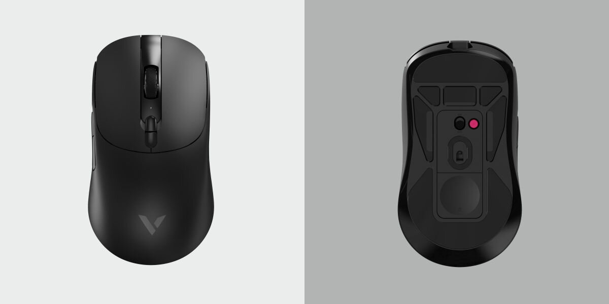 Mysz RAPOO Gaming V200PRO Czarny Dokładność ruchu - na szarym tle mysz od góry i od dołu