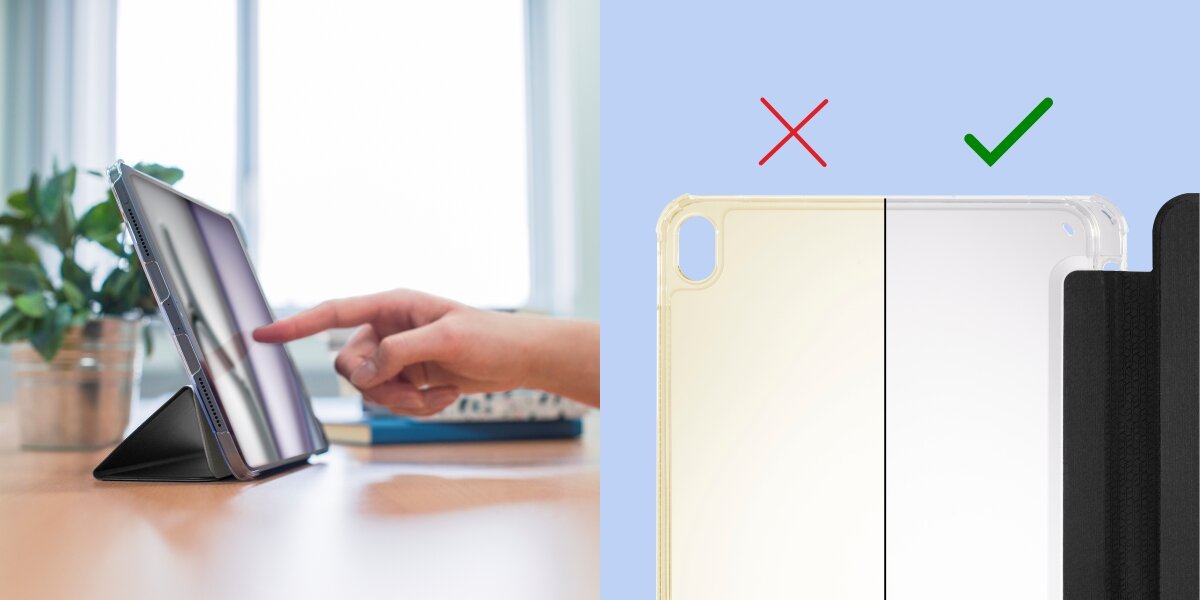 Etui na iPad Air HAMA Fold Clear Miękka, łatwa w czyszczeniu powierzchnia dostęp do wszystkich portów i przycisków - porównanie z zabezpieczeniem i bez przed żółknięciem