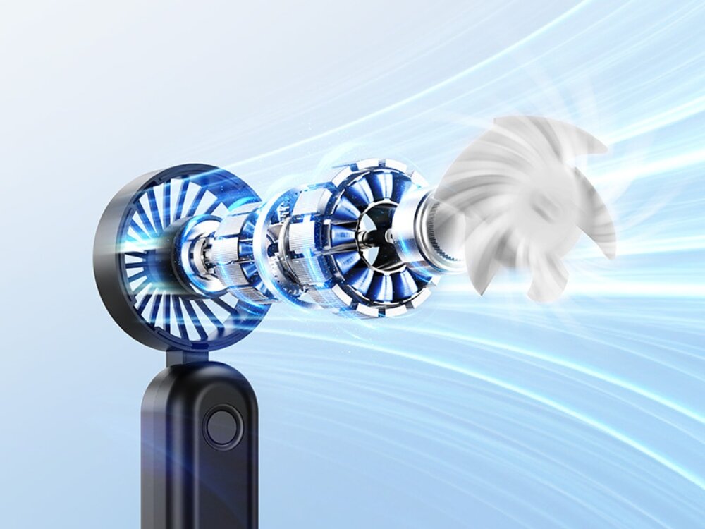 Wentylator USAMS Mini ZB352 wskaźnik LED baterii Przekrój technologiczny czarnego wentylatora USAMS pokazujący silnik bezszczotkowy i łopatki generujące silny strumień powietrza.