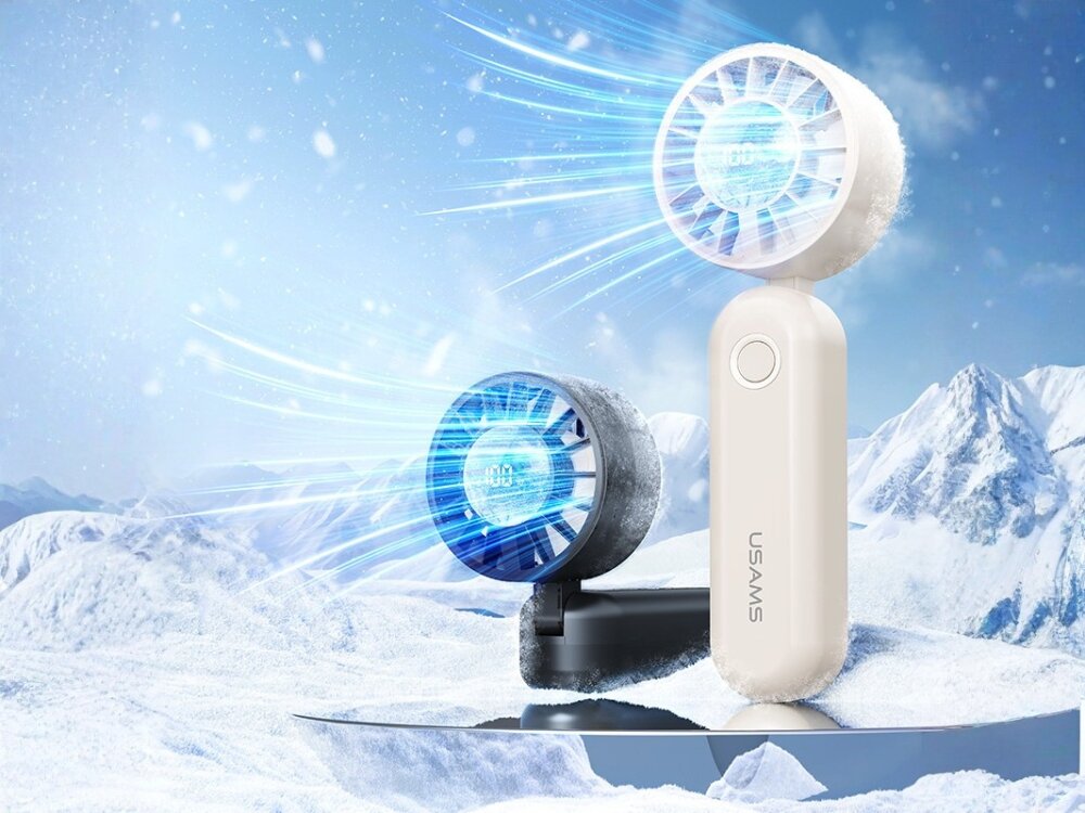 Wentylator USAMS Mini ZB352 składana konstrukcja i regulacja kąta Biały i czarny wentylator kieszonkowy z funkcją składania, generujące mocny podmuch chłodnego powietrza w zimowej, mroźnej scenerii górskiej.