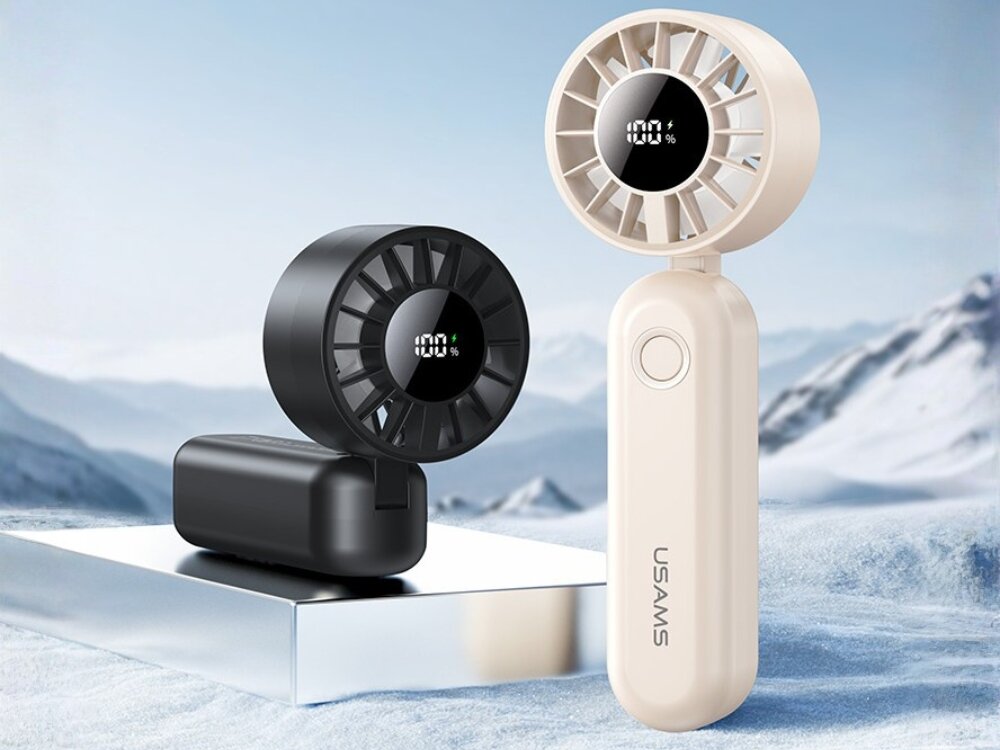 Wentylator USAMS Mini ZB352 składany ręczny wiatrak Dwa przenośne wentylatory USAMS – beżowy stojący i czarny złożony – na tle ośnieżonych gór, oba z cyfrowym wyświetlaczem poziomu baterii 100%.