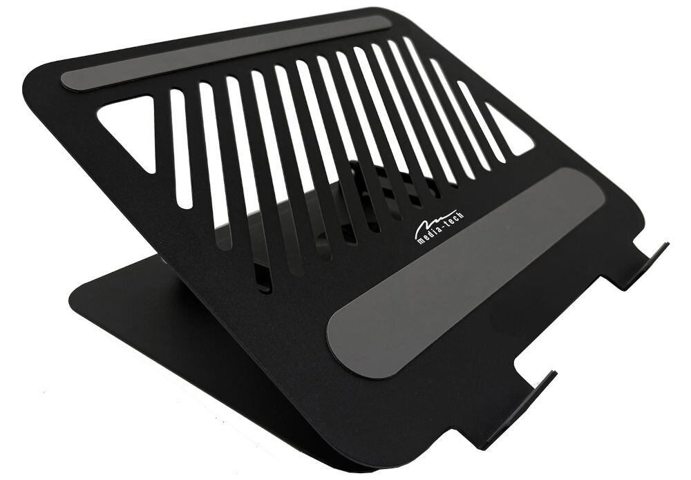 Podstawka pod laptopa MEDIA-TECH Roto MT2662 Obrotowa Czarny prezentacja podstawki na białym tle od przodu pod kątem podstawka o szerokości 265 mm głębokości 225 mm i wysokości 50 mm dla laptopów 10–17 cali