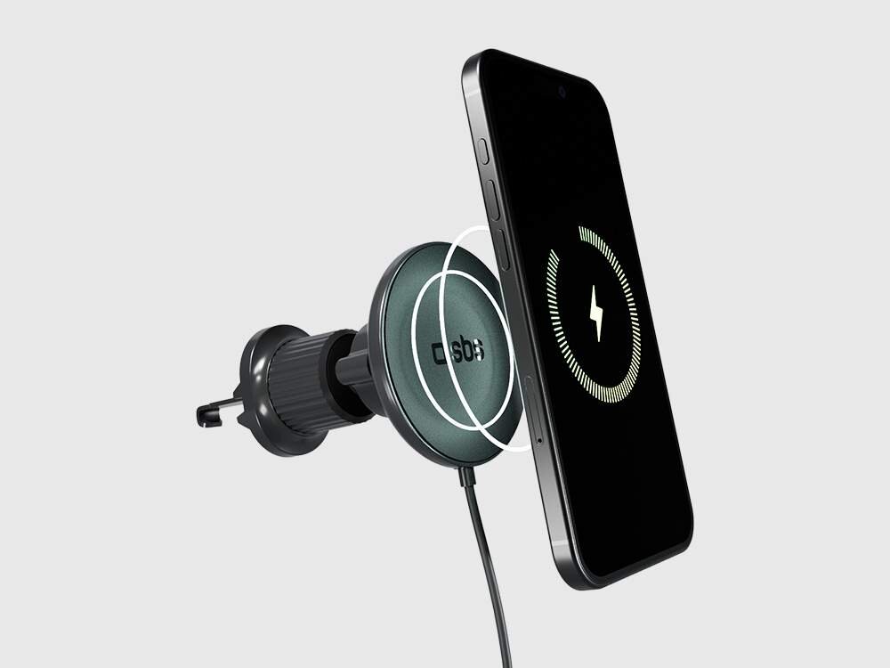 Uchwyt samochodowy SBS MagSafe rozszerzalny klips z haczykiem kratek nawiewu, w tym okrągłych solidnej konstrukcji Apple, Samsung, Xiaomi, Huawei, Oppo - uchwyt i telefon na szarym tle