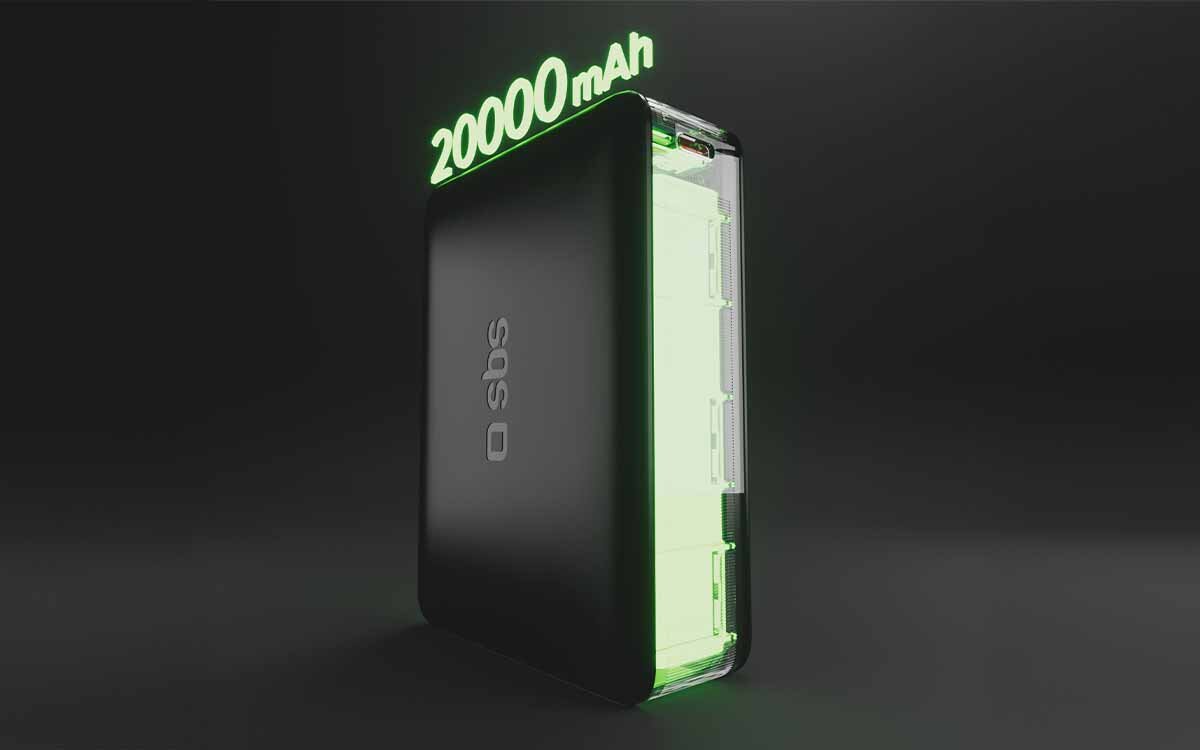 Powerbank SBS TEBB20000HDPD65K 20000 mAh wizualziacja pojemności Power bank ma 20 000 mAh, 65W USB-C, 15W USB-A i kompaktowy design. 93,5 mm x 67,5 mm x 32 mm 65 W wyjście USB-C Adaptive Fast Charge