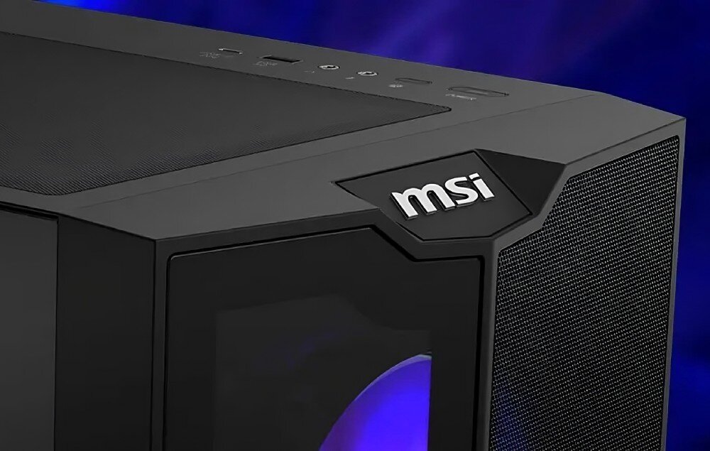 Komputer MSI MPG Infinite X3 AI 2NVZ9-028EU Górna część obudowy komputera z widocznym logo 'msi', przyciskami zasilania i portami, ustawiona na tle w odcieniach niebieskiego i fioletu, dźwięk, technologia Nahimic