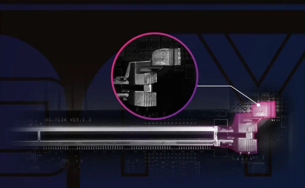 Komputer MSI MPG Infinite X3 AI 2NVZ9-028EU Zbliżenie na gniazdo PCIe z zaznaczonym mechanizmem zatrzaskowym, pokazanym również w powiększeniu w osobnym okrągłym oknie, rozbudowa, montaż karty graficznej i dysków