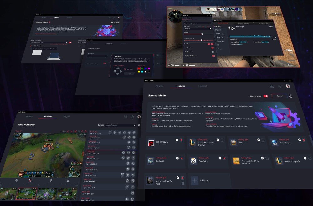 Komputer MSI MPG Infinite X3 AI 2NVR7-036EU Zrzuty ekranu z interfejsu oprogramowania do zarządzania komputerem. Widoczne są różne zakładki, ustawienia podświetlenia, monitorowania systemu oraz trybu gry, 